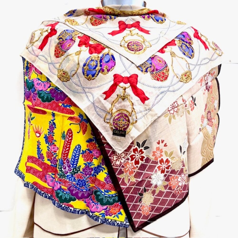 New Sticker On Celine Paris 19"MiniScarf/Handk+2 Other Beige floral  cotton (5 - Picture 3 of 11